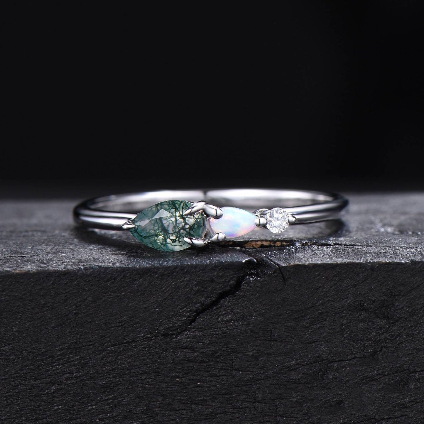 Pear Moss Agate Opal Engagement Ring Three Stone Wedding Band Unique Women Bridal Promise Ring East West Ring