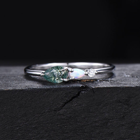 Pear Moss Agate Opal Engagement Ring Three Stone Wedding Band Unique Women Bridal Promise Ring East West Ring