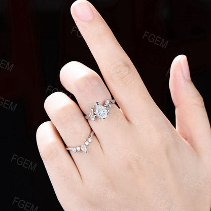 Pear Cut Lab Grown Diamond Ring Set 14K White Gold Diamond Engagement Ring Nature Inspired Branch Leaf Bridal Set Trillion Band Promise Gift