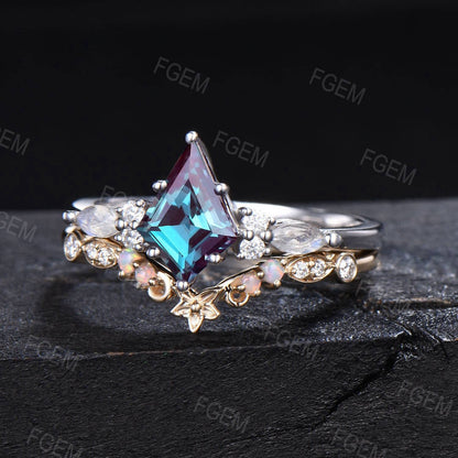 Unique June Birthstone Wedding Ring Vintage 14K Rose Gold Kite Alexandrite Moonstone Flower Bridal Ring Set Anniversary Promise Gifts