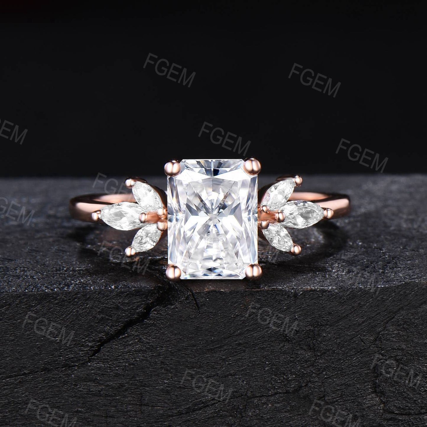 2ct Radiant Cut Moissanite Engagement Ring Set Dainty Rose gold Marquise Cluster Ring Unique Baguette Moissanite Bridal Set Proposal Gift