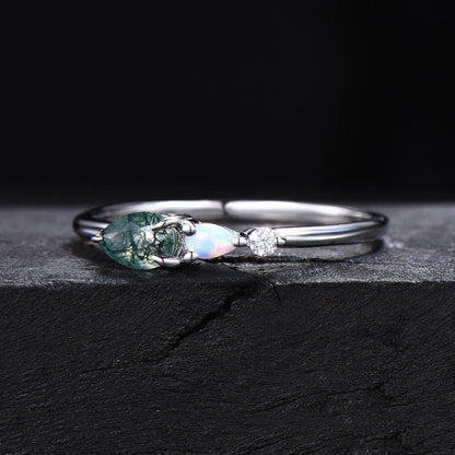 Pear Moss Agate Opal Engagement Ring Three Stone Wedding Band Unique Women Bridal Promise Ring East West Ring