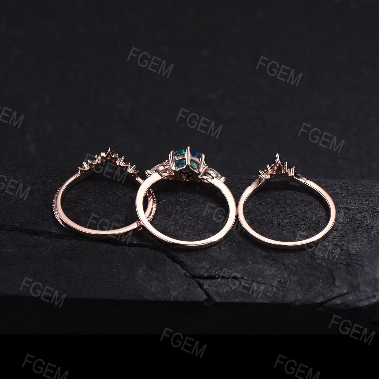 3PCS Hexagon Cut Black Fire Opal Engagement Ring Set 14k Rose Gold Silver Black Spinel Wedding Band Unique Promise Gift for Women 1ct