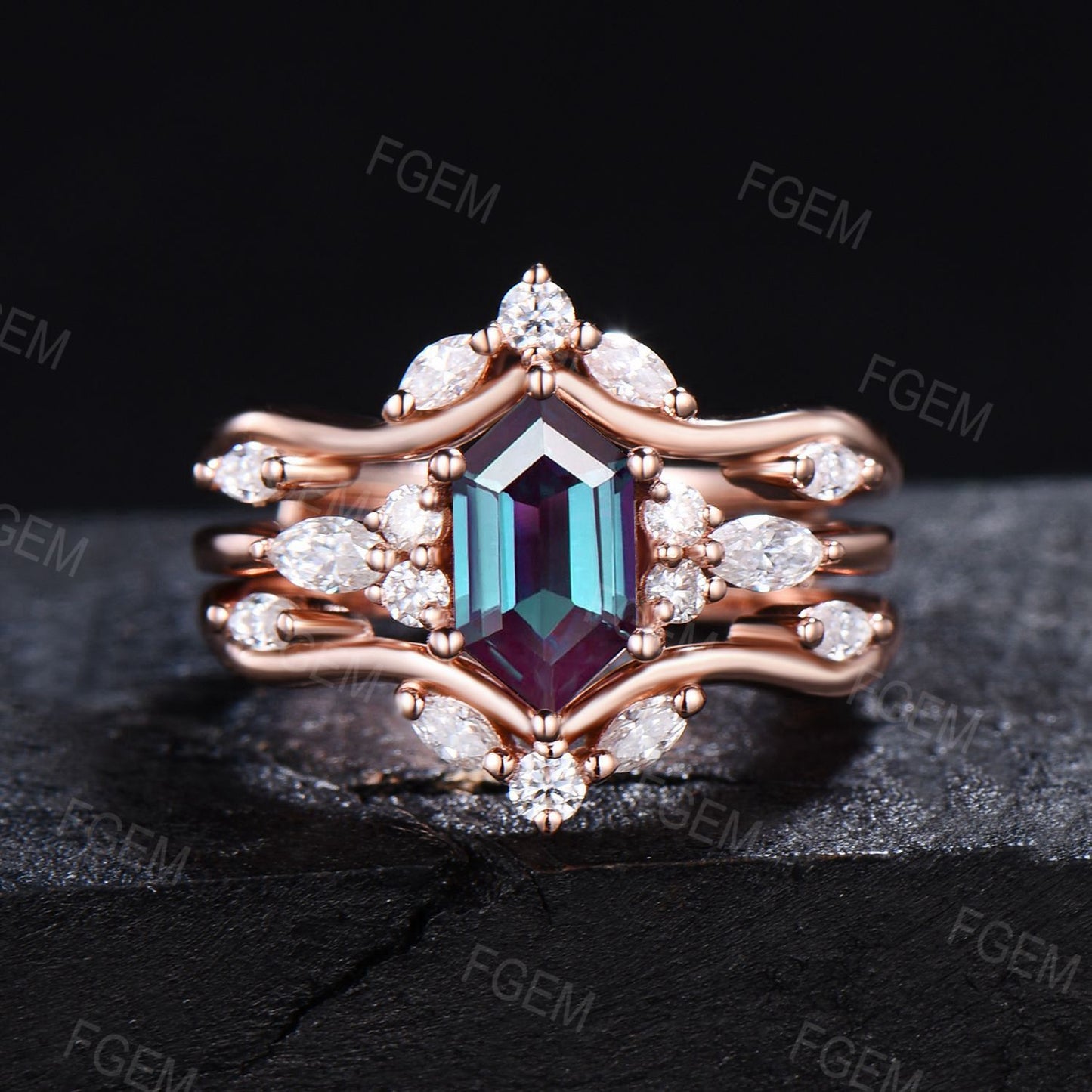 Long Hexagon Alexandrite Engagement Ring Set 14k Rose Gold Enhancer Unique Bridal Set Double Curved Moissanite Wedding Ring Anniversary Gift