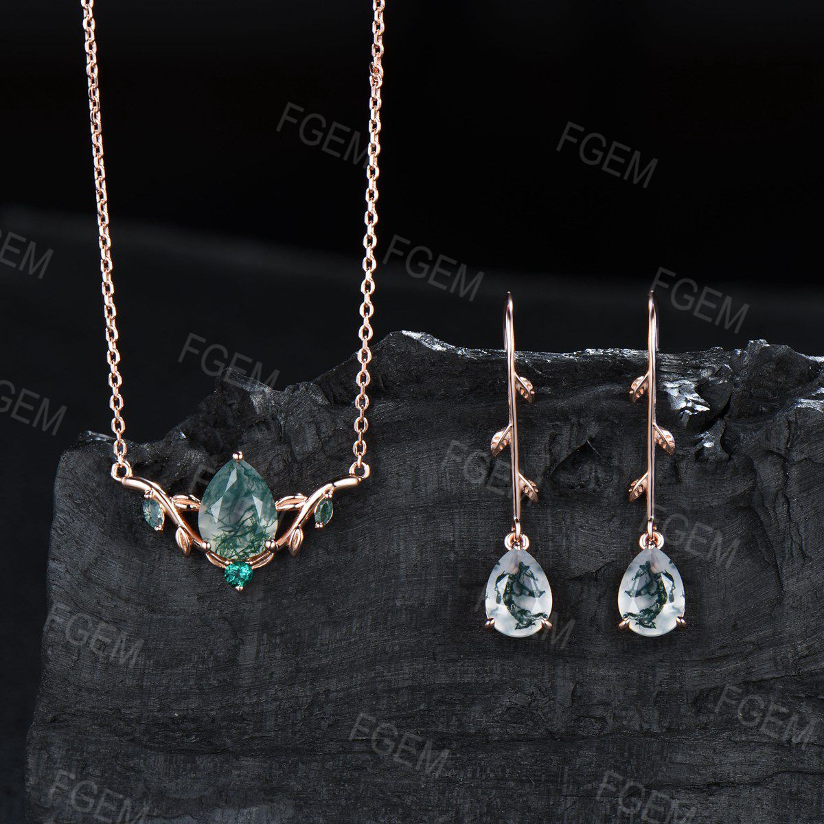 Moss Agate Necklace Earrings Jewelry Set Vintage Teardrop Natural Agate Necklace Rose Gold Leaf Vine Dangle Drops Emerald Bridesmaid Jewelry