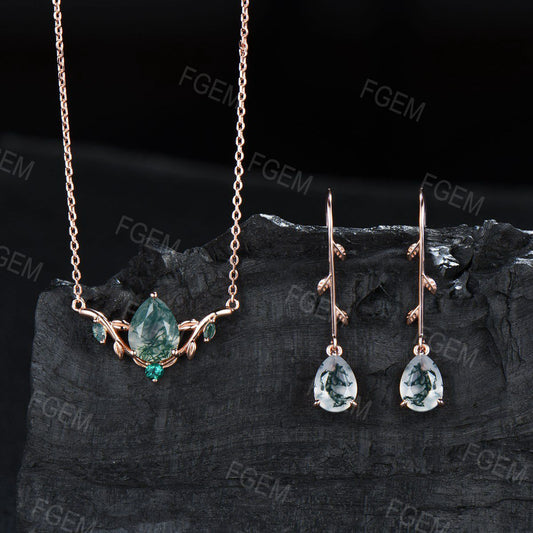 Moss Agate Necklace Earrings Jewelry Set Vintage Teardrop Natural Agate Necklace Rose Gold Leaf Vine Dangle Drops Emerald Bridesmaid Jewelry