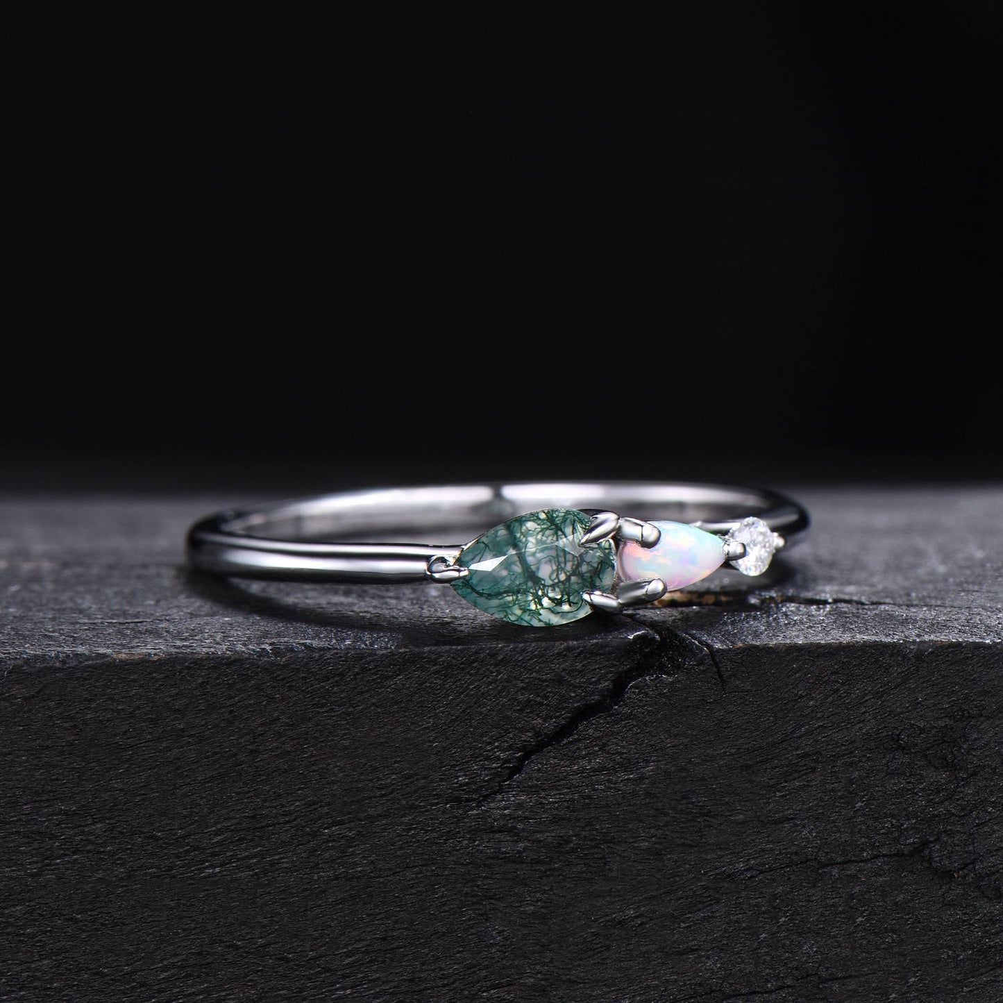 Pear Moss Agate Opal Engagement Ring Three Stone Wedding Band Unique Women Bridal Promise Ring East West Ring