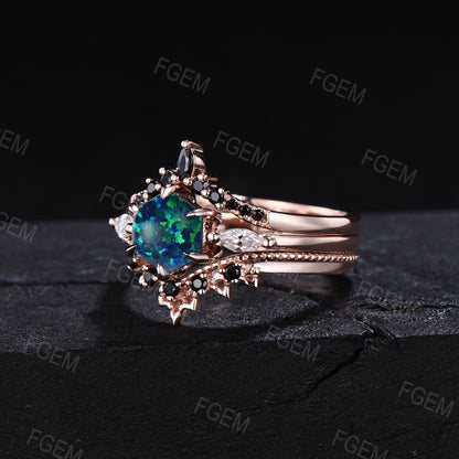 3PCS Hexagon Cut Black Fire Opal Engagement Ring Set 14k Rose Gold Silver Black Spinel Wedding Band Unique Promise Gift for Women 1ct