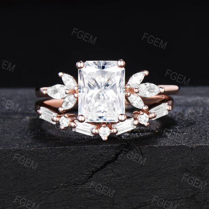 2ct Radiant Cut Moissanite Engagement Ring Set Dainty Rose gold Marquise Cluster Ring Unique Baguette Moissanite Bridal Set Proposal Gift