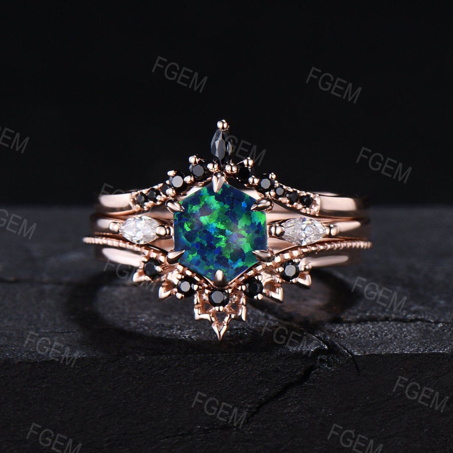 3PCS Hexagon Cut Black Fire Opal Engagement Ring Set 14k Rose Gold Silver Black Spinel Wedding Band Unique Promise Gift for Women 1ct