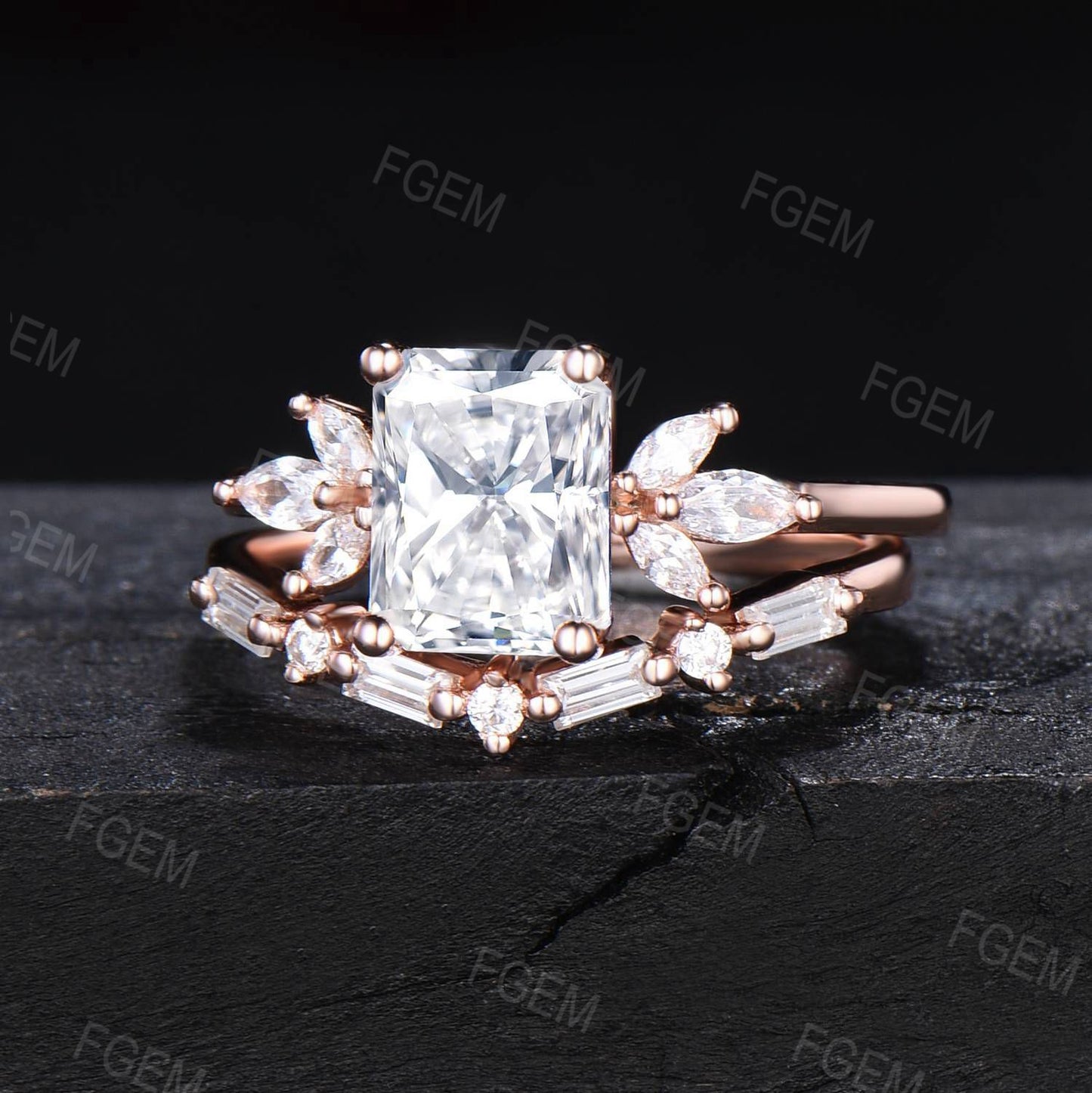 2ct Radiant Cut Moissanite Engagement Ring Set Dainty Rose gold Marquise Cluster Ring Unique Baguette Moissanite Bridal Set Proposal Gift