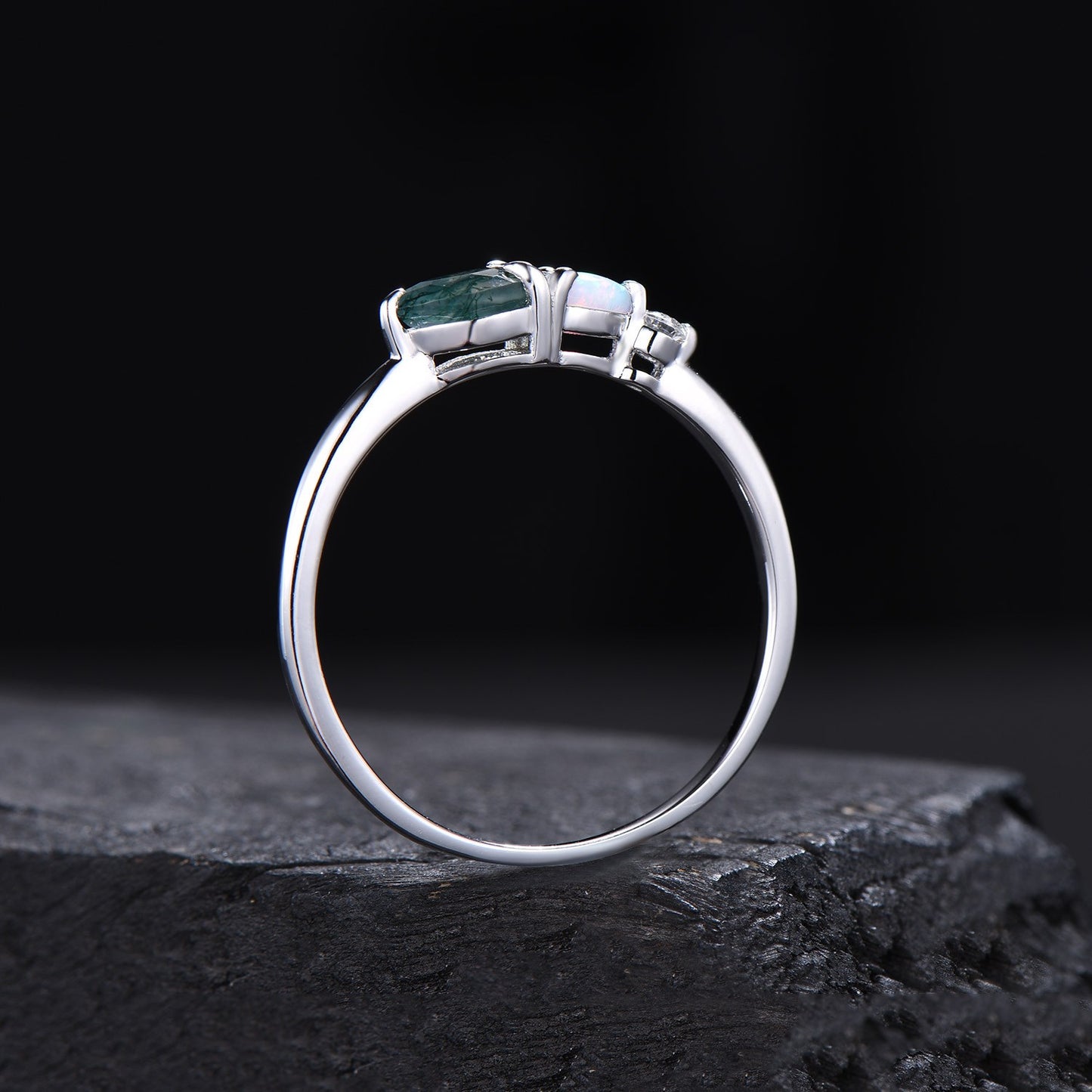 Pear Moss Agate Opal Engagement Ring Three Stone Wedding Band Unique Women Bridal Promise Ring East West Ring