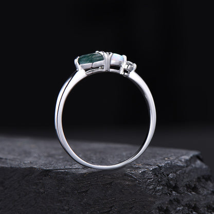 Pear Moss Agate Opal Engagement Ring Three Stone Wedding Band Unique Women Bridal Promise Ring East West Ring