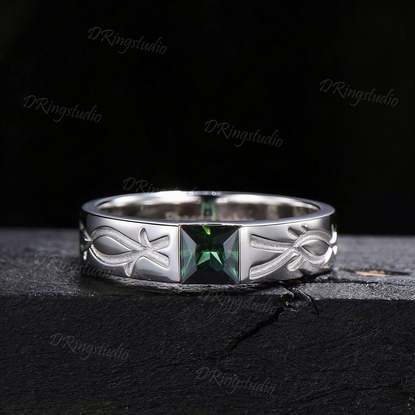 Natural Green Tourmaline Mens Engagement Ring White Gold Princess Cut Infinity Knot Mens Wedding Band Solitaire October Birthstone Men Ring