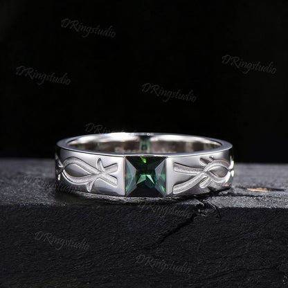 Natural Green Tourmaline Mens Engagement Ring White Gold Princess Cut Infinity Knot Mens Wedding Band Solitaire October Birthstone Men Ring