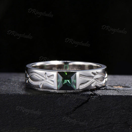 Natural Green Tourmaline Mens Engagement Ring White Gold Princess Cut Infinity Knot Mens Wedding Band Solitaire October Birthstone Men Ring