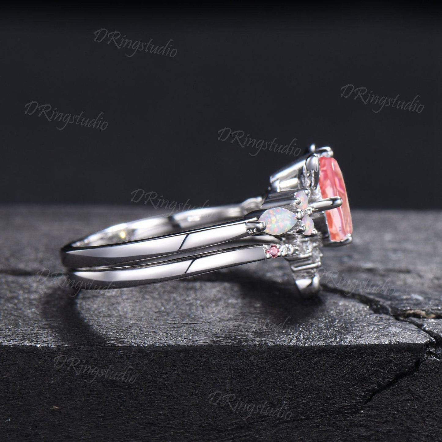 7mm Round Padparadscha Pink Sapphire Cat Tail Engagement Ring Set White Gold Dainty Kitten Ring Pink Gemstone Opal Bridal Set For Cat Lover
