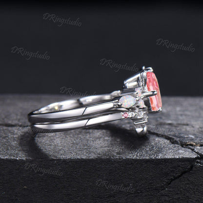 7mm Round Padparadscha Pink Sapphire Cat Tail Engagement Ring Set White Gold Dainty Kitten Ring Pink Gemstone Opal Bridal Set For Cat Lover