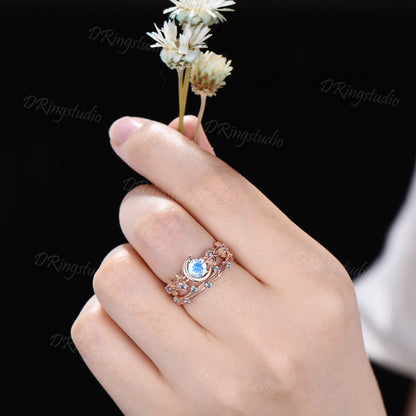 Celestial Rainbow Moonstone Ring Set Twig leaf Vine Alexandrite Ring Moon Star Round Moonstone Bridal Set Crescent Moon Ring Proposal Gifts