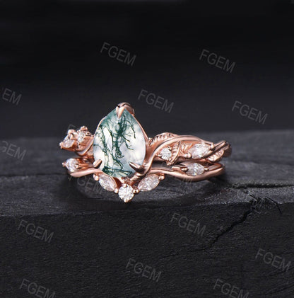 Pear Shape Natural Moss Agate Ring Set 10K Rose Gold Vintage Branch Twist Moissanite Ring Nature Inspired Moss Wedding Ring Anniversary Gift