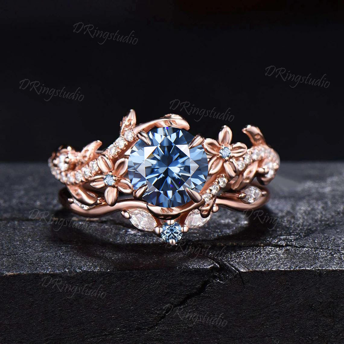 Nature Inspired Blue Moissanite Engagement Ring Set 1ct Round Cut Gray Blue Moissanite Cluster Wedding Ring Set Leaf Vine Branch Bridal Set