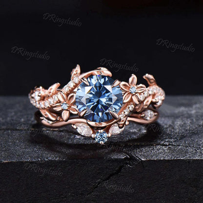 Nature Inspired Blue Moissanite Engagement Ring Set 1ct Round Cut Gray Blue Moissanite Cluster Wedding Ring Set Leaf Vine Branch Bridal Set
