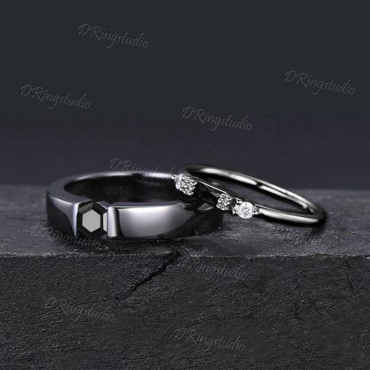 Goth Black Onyx Couple Rings Set Witchy Silver Black Plated Matching Couples Ring Black Gemstone Ring