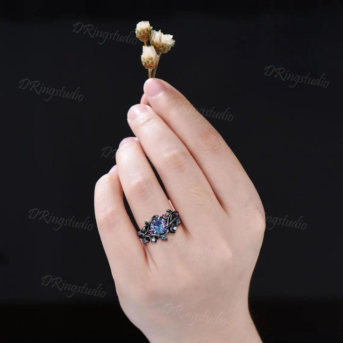 6.5mm Round Fireworks Alexandrite Moon Star Ring Set Leaf Design Black Gold Amethyst Cluster Ring Gothic Vampire Engagement Ring for Women