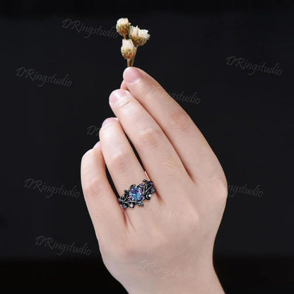 6.5mm Round Fireworks Alexandrite Moon Star Ring Set Leaf Design Black Gold Amethyst Cluster Ring Gothic Vampire Engagement Ring for Women