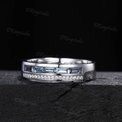 Baguette Alexandrite Mens Wedding Band 6mm White Gold Two Row Moissanite Mens Gemstone Ring Anniversary Gift for Him Husband Promise Band