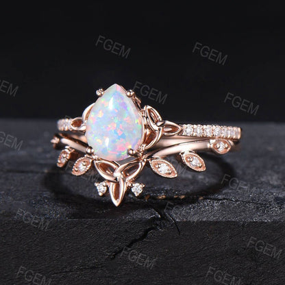 Pear White Opal Celtic Engagement Ring Set Half Eternity Moissanite Band Moissanite Diamond Trinity Knot Wedding Ring Leaf Opal Bridal Set