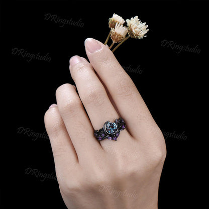 Heart Color Change Alexandrite Engagement Ring Set Moon Star Celestial Black Twig Branch Amethyst Wedding Ring June Birthstone Proposal Gift