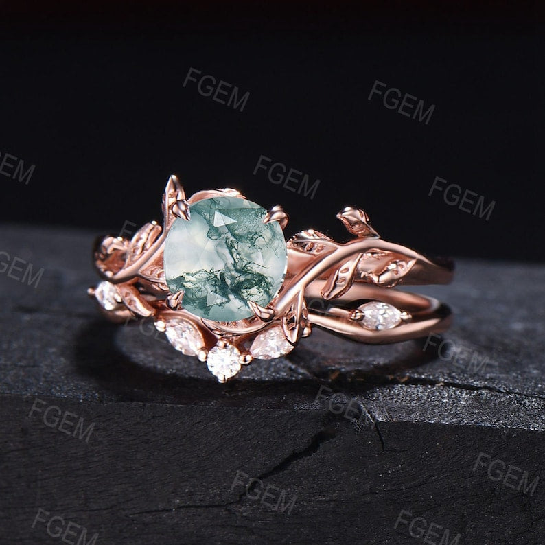 1ct Round Cut Natural Green Moss Agate Bridal Set 14K Rose Gold Branch Solitaire Rings Unique Curve Moissanite Wedding Band Anniversary Gift