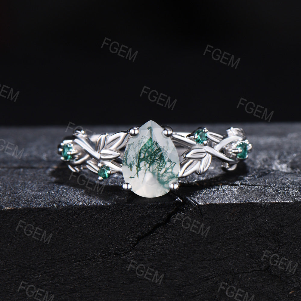 Nature Inspired 1.25ct Pear Moss Agate Ring Leaf Engagement Rings Green Emerald Wedding Ring Aquatic Agate Bridal Ring Branch Leaves Band