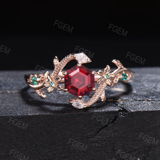Nature Inspired Hexagon Ruby Engagement Ring Dainty Snake Ring Floral Ruby Emerald Wedding Ring Branch Leaf Ring July Birthstone Women Gifts