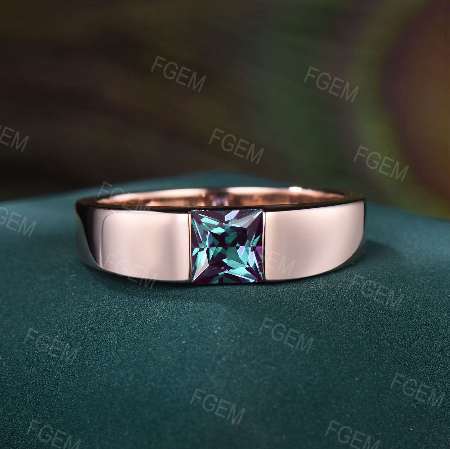 5mm Half Bezel Solitaire Mens Princess Cut Alexandrite Engagement Ring Pinky Ring 14K Rose/Black Gold Gemstone Wedding Promise Rings for Men