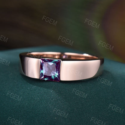 5mm Half Bezel Solitaire Mens Princess Cut Alexandrite Engagement Ring Pinky Ring 14K Rose/Black Gold Gemstone Wedding Promise Rings for Men