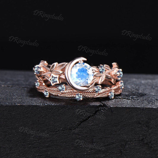 Celestial Rainbow Moonstone Ring Set Twig leaf Vine Alexandrite Ring Moon Star Round Moonstone Bridal Set Crescent Moon Ring Proposal Gifts