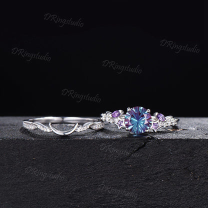 6.5mm Round Fireworks Cut Alexandrite Bridal Ring Set Waxing Crescent Moon Star Amethyst Silver Engagement Ring Color-Change Ring Women Gift