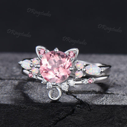 7mm Round Padparadscha Pink Sapphire Cat Tail Engagement Ring Set White Gold Dainty Kitten Ring Pink Gemstone Opal Bridal Set For Cat Lover