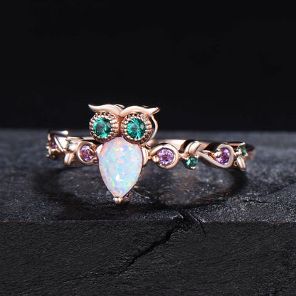 Branch Twig Vine Owl White Opal Engagement Ring Antique Pear Opal Amethyst Emerald Nature Wedding Ring Unique October Birthstone Gift Women