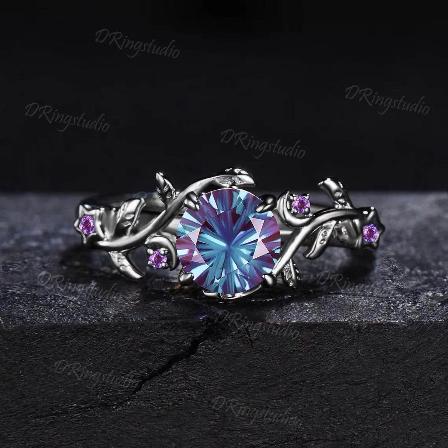 6.5mm Round Fireworks Alexandrite Moon Star Ring Set Leaf Design Black Gold Amethyst Cluster Ring Gothic Vampire Engagement Ring for Women