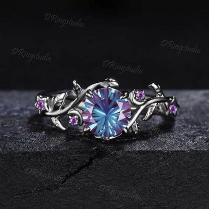 6.5mm Round Fireworks Alexandrite Moon Star Ring Set Leaf Design Black Gold Amethyst Cluster Ring Gothic Vampire Engagement Ring for Women