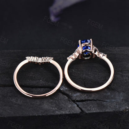 Sterling Silver Blue Sapphire Engagement Ring Set Vintage oval Sapphire Bridal Ring September Birthstone 1.5ct Gemstone Promise Ring Women