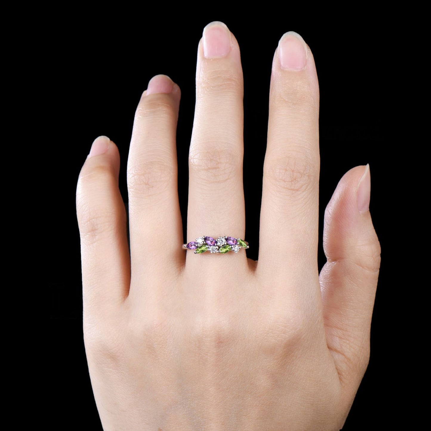 Minimalist Marquise Cut Natural Amethyst Wedding Band Dainty Natural Peridot Cluster Ring Art Deco 14k White Gold Anniversary Gift For Women