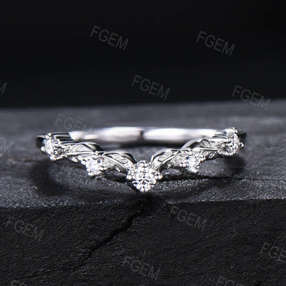 Nature Inspired Wedding Band Contour Curved Band 10K White Gold Moissanite Diamond Nesting Band Unique Vintage Stacking Matching Bridal Gift