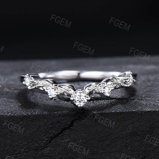 Nature Inspired Wedding Band Contour Curved Band 10K White Gold Moissanite Diamond Nesting Band Unique Vintage Stacking Matching Ring Bridal Gift