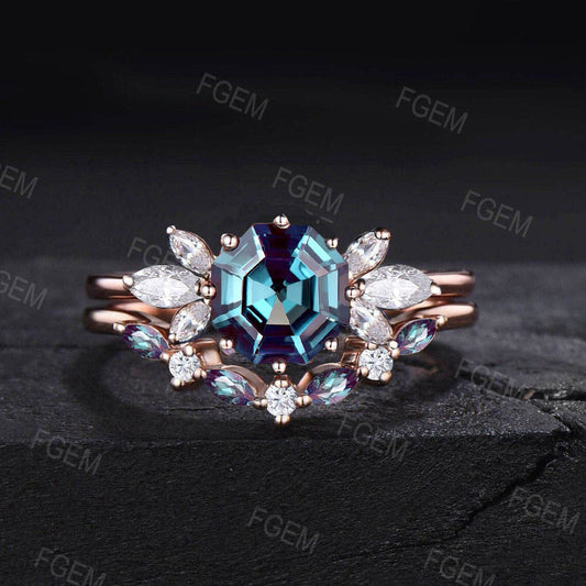 7mm Octagon Cut Color-Change Alexandrite Ring Set Cluster Moissanite Ring 14K Rose Gold Alexandrite Bridal Ring Vintage June Birthstone Gifts