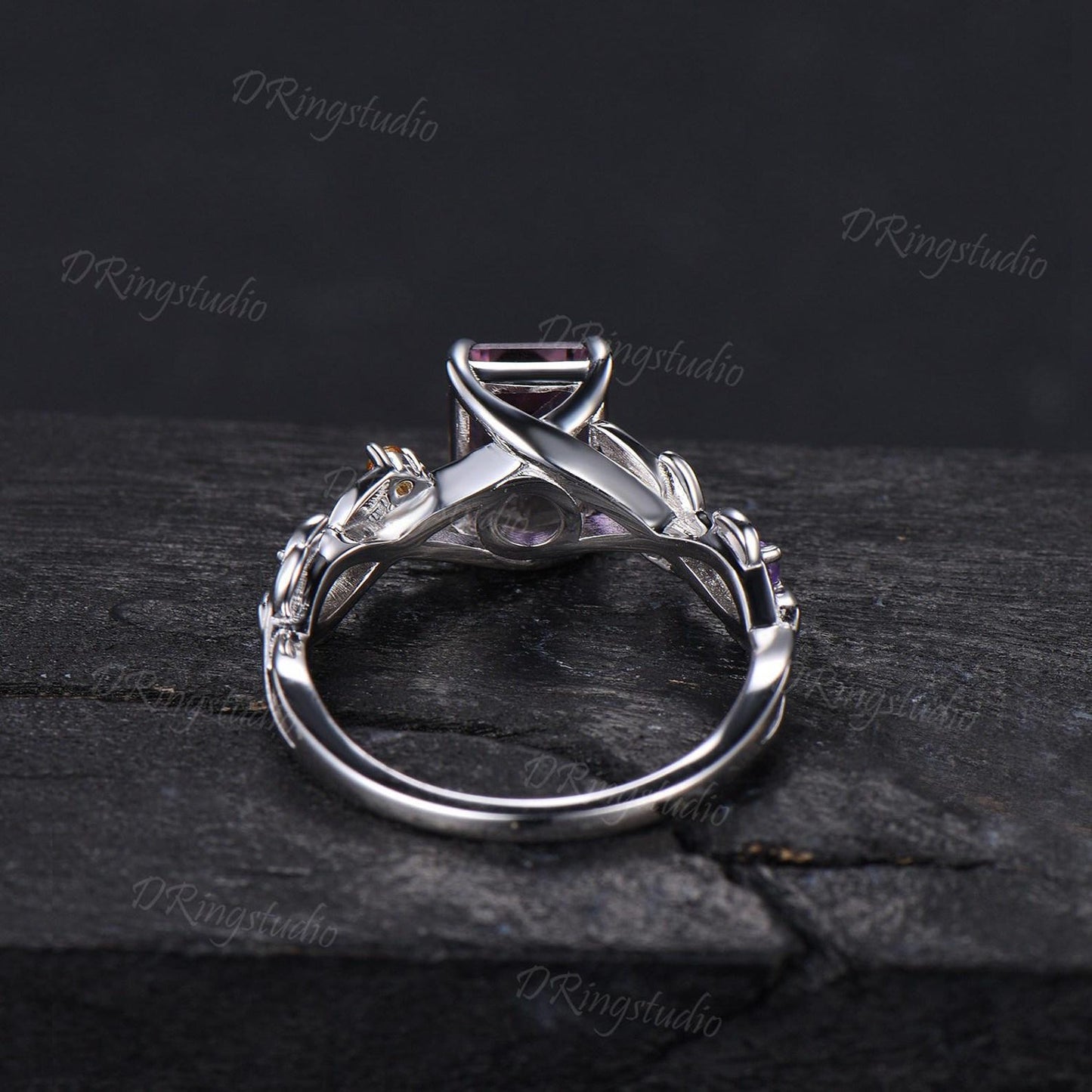 Nature Inspired Emerald Cut Ametrine Engagement Ring 925 Sterling Silver Branch Leaf Amethyst Citrine Bridal Ring Bio Color Ametrine Ring