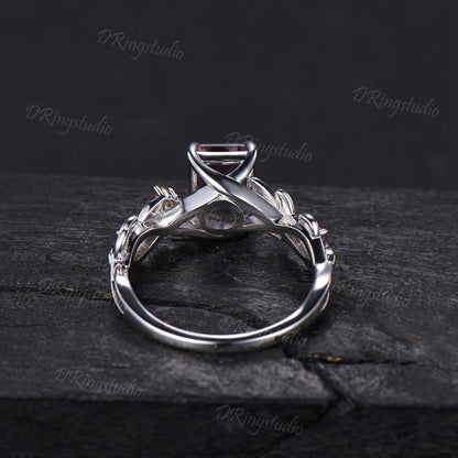 Nature Inspired Emerald Cut Ametrine Engagement Ring 925 Sterling Silver Branch Leaf Amethyst Citrine Bridal Ring Bio Color Ametrine Ring